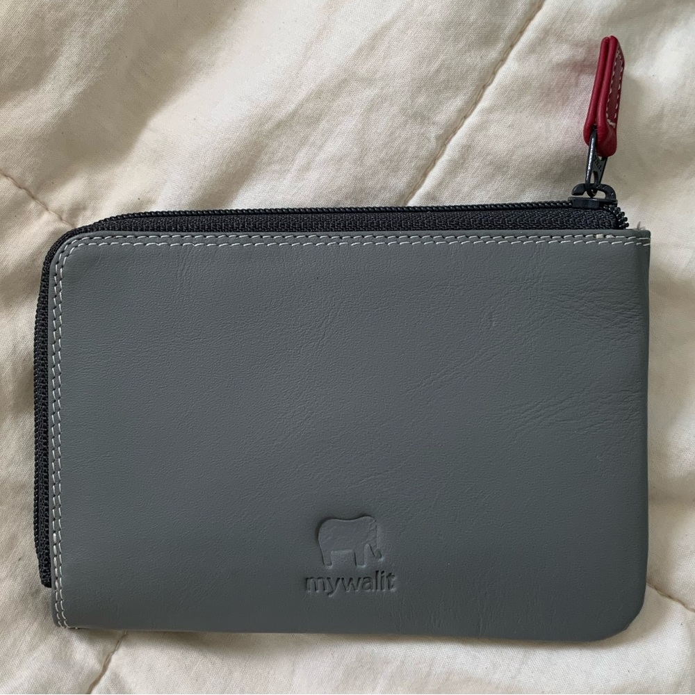 NWOT Mywalit Zip Wallet Grey Storm magenta soft nappa leather